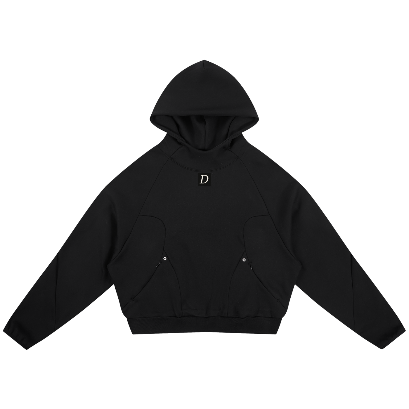 Black hoodie with a logo on a white background
