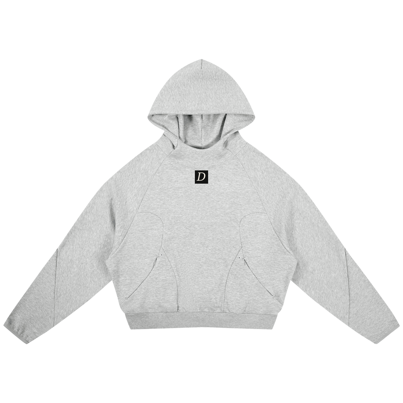 Gray hoodie with a logo on a white background