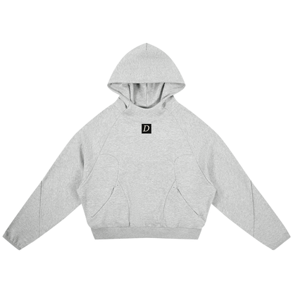 Gray hoodie with a logo on a white background