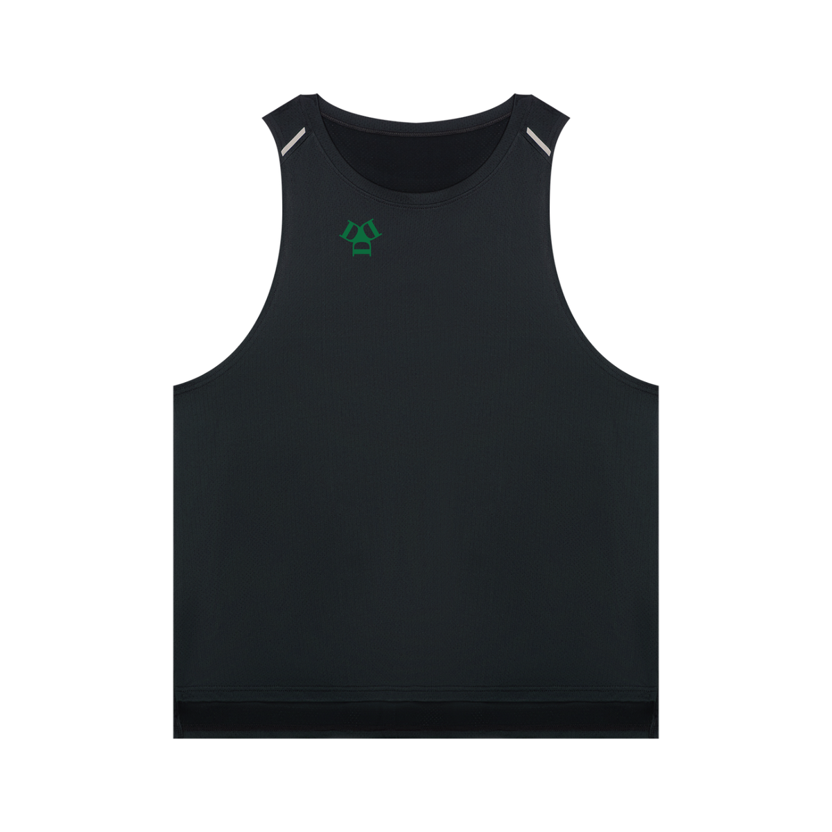 A black sleeveless athletic tank top with a small green logo on the left chest, displayed flat against a solid white background.