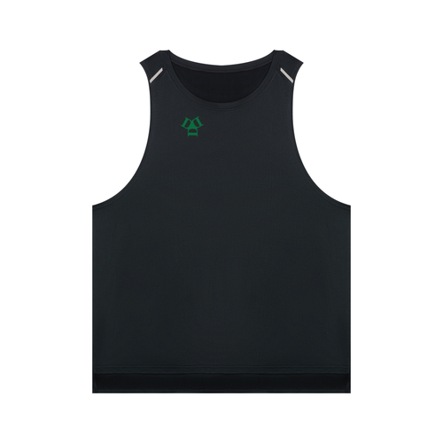 A black sleeveless athletic tank top with a small green logo on the left chest, displayed flat against a solid white background.